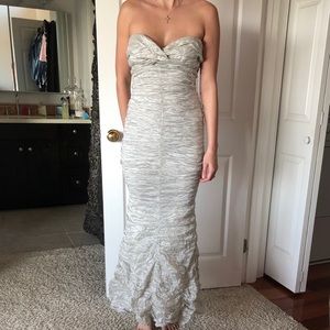 Nicole Miller Silver Crinkled Strapless Gown
